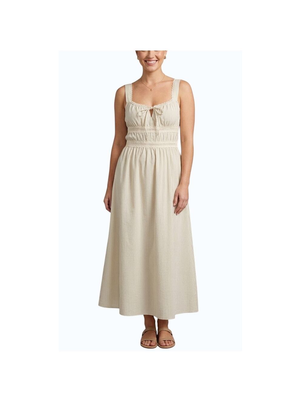 Lush Lace Trim Corset Midi Dress Taupe Stripe Women Size S NWT